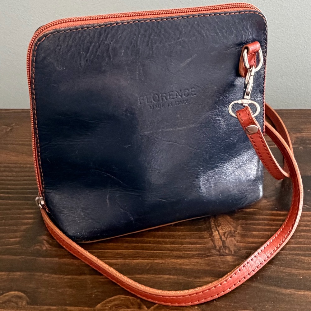 Florence Made in Italy Navy & Brown Leather Crossbody with Silver Tone Hardware